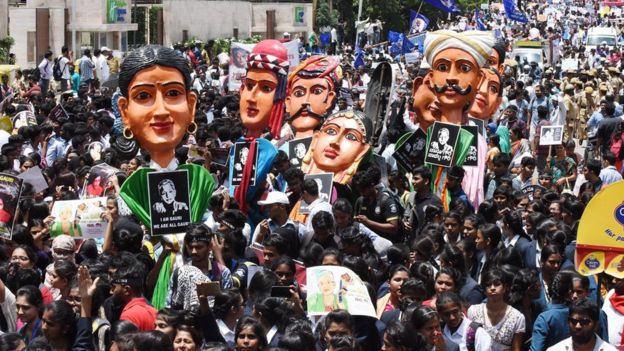 The streets of Bangalore are flooded with protesters holding signs and chanting, “Long live Gauri Lankesh.”