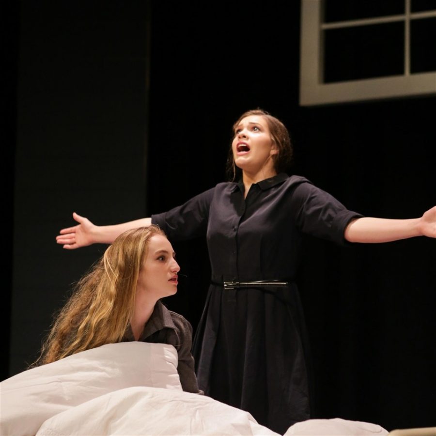 Hannalise Davidson (‘20) and Molly Mitchell (‘20) accuse the townspeople of witchcraft in an intense scene of The Crucible. Graphic courtesy of Ms. Plumley