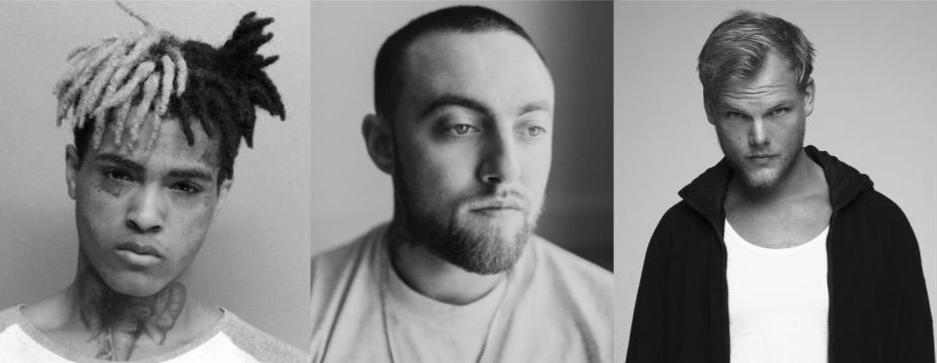 From left to right: XXXTentacion’s mugshot from October 2016 (Florida Department of Corrections), Mac Miller (Vulture), and Avicii (Variety).