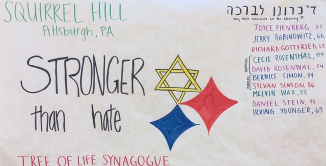 The+Jewish+Club+responds+to+the+Pittsburgh+shooting+with+a+poster+containing+a+list+of+the+names+of+the+victims.