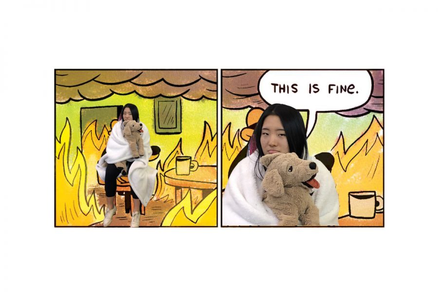 Summer Chen ('20) sits in a burning room as she pretends that everything is fine. Graphic courtesy to Summer Chen ('20).