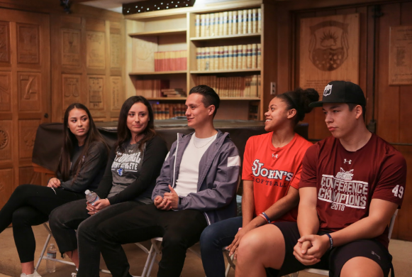 (From left to right) Dylan Wensley (‘17), Hailey Arteaga (‘16), Daniel Crisostomo (‘15), Elyse Morris (‘17), and Ryan Place (‘18) introduce themselves to the Webb students in attendance. 