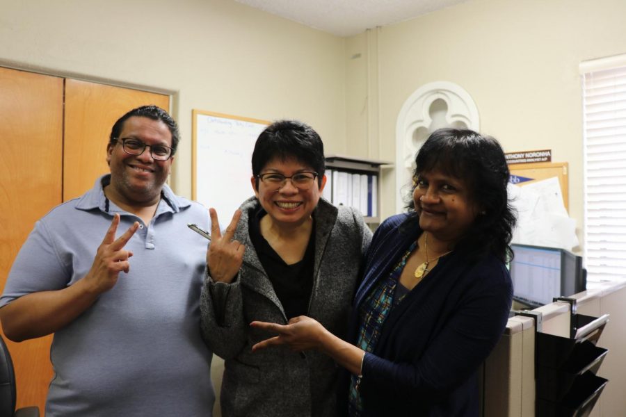 Faculty members Ms. Wijeyeratne, Mr. Noronha, Ms. Pangilinan pose for a picture with uncontrollable laughter.