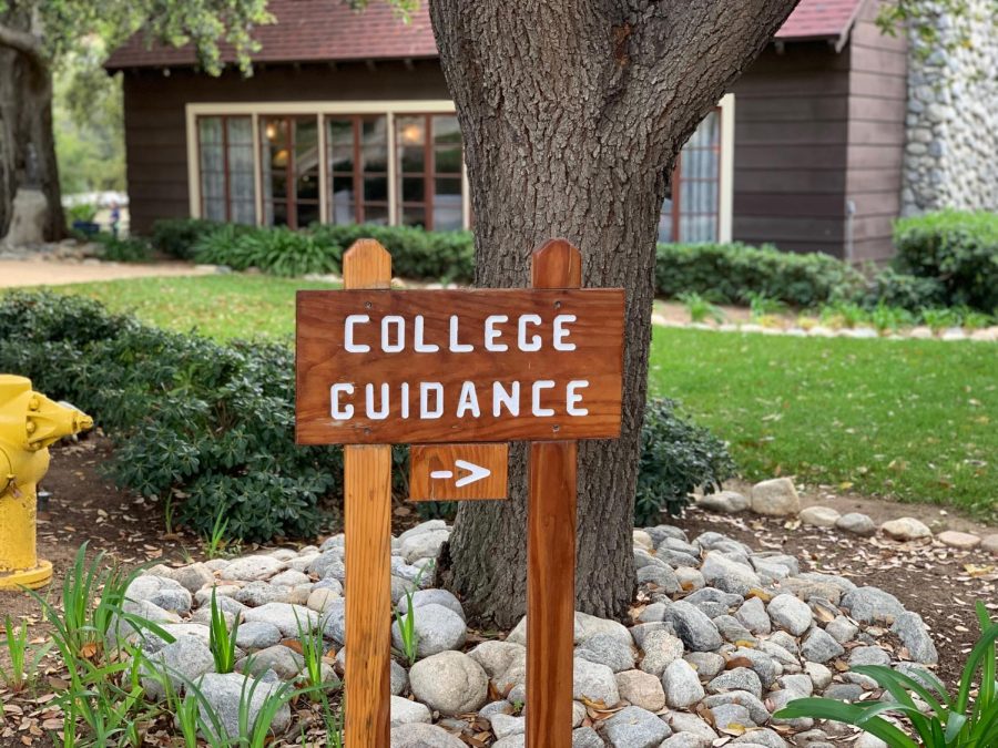 The Webb Schools’ college guidance sign points towards the office.