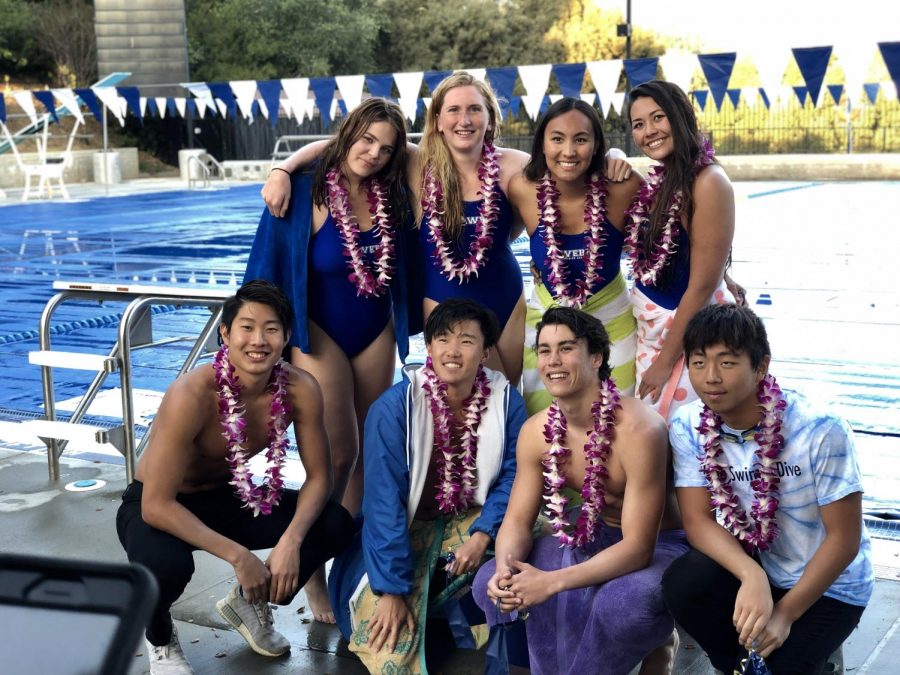 The eight graduating senior swimmers are Maria Shevchuk (19), co-captain Rylie Brick (19), co-captain Allison Lilley (19), Lindsay Jung (19), Nathan Paik (19), Kevin Kang (19), co-captain Robert Torrance (19), and Ben Chai (19).