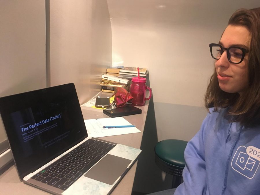 Maya Jaffe (20) watches The Perfect Date on Netflix. The film was released on April 13th, and has grown increasingly popular amongst Webb students.
