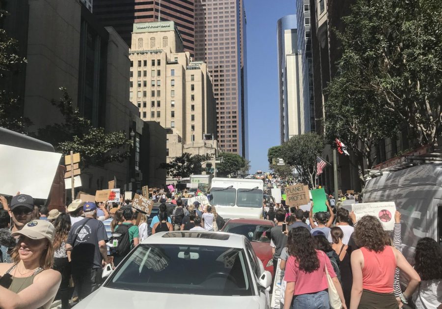 Thousands of protesters walk against traffic in Downtown Los Angeles at the Youth Climate Strike on September 20.