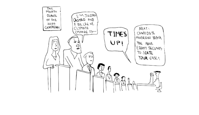 A sarcastic illustration of the fourth Democratic debate