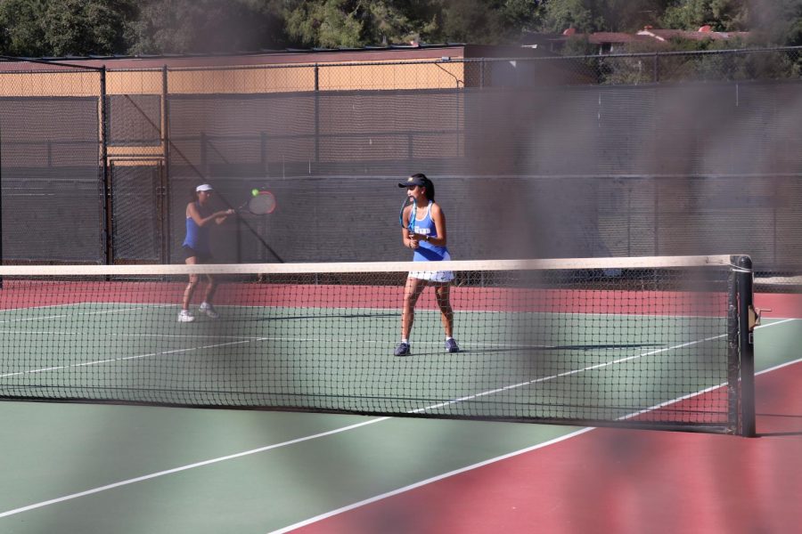 Sydney Wuu (‘20) stands ready as Kara Sun (‘20) hits the ball towards the teams’ Sage Hill opponents.