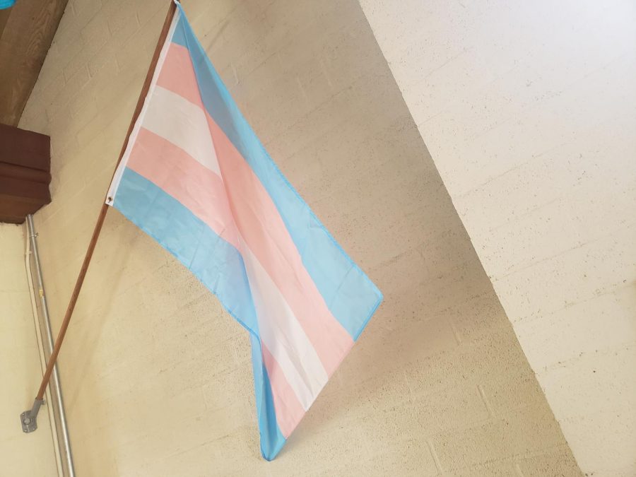 The new transgender flag hangs in the dining hall. 