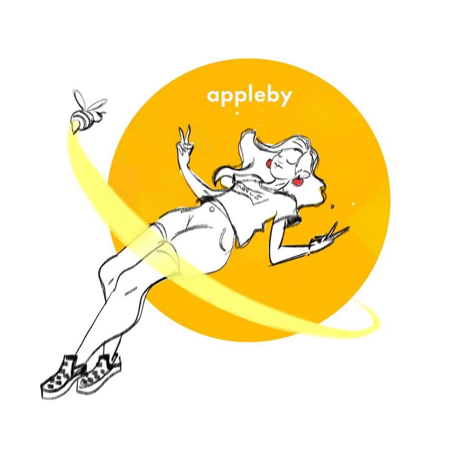 A cartoon Appleby girl peacefully lies down.
