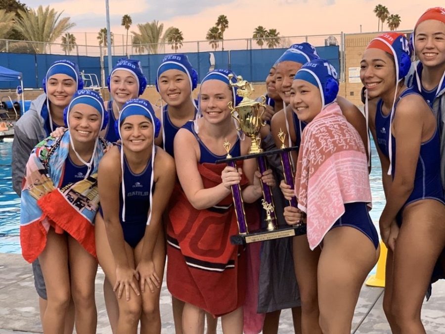 The Vivian Webb water polo team flexes with their third place trophy at Chino High School. Graphic courtesy of Michelle Munguia