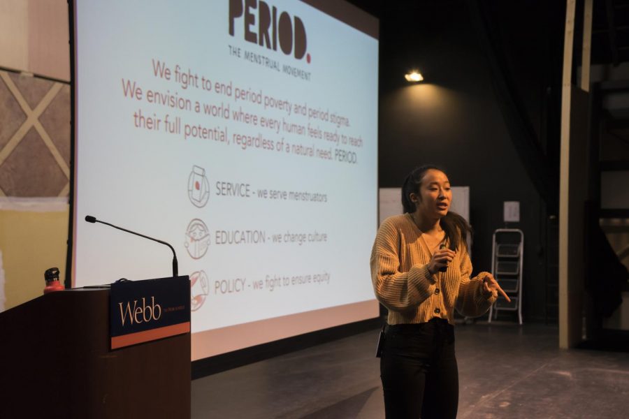 Nadya Okamoto presents to students in the Liu Cheung Theater. 