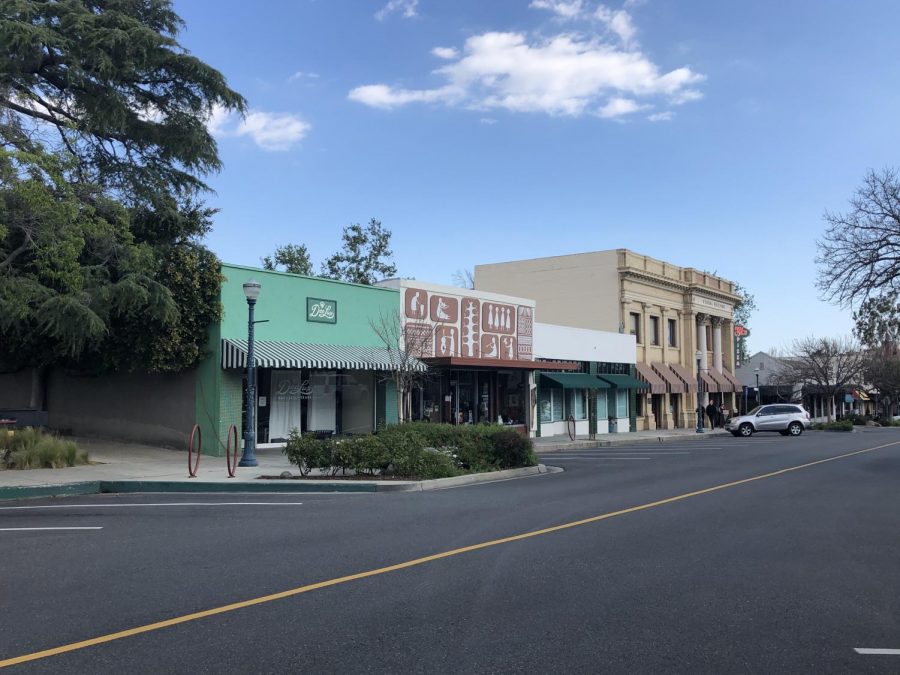 The normally bustling Claremont Village is empty on Friday March 27, 2020. Stores are closed. Some restaurants are offering take-out and curbside pick-up along with “bake at home” options. 