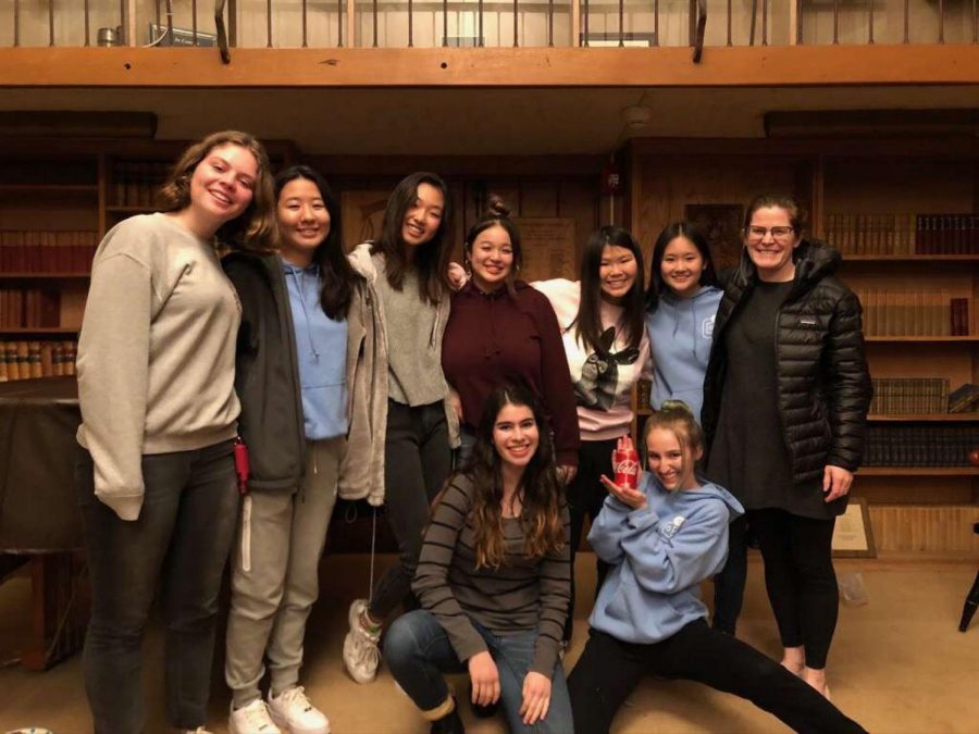 Caption: The Fisher advisory takes a group picture at the senior’s last get-together on March 12th before getting ready to transition off-campus. 
