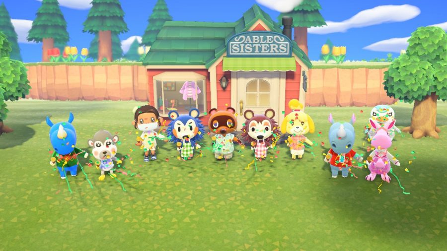 Kara’s avatar and her villagers celebrate the Able Sisters’ shop. Graphic courtesy of Kara Sun.