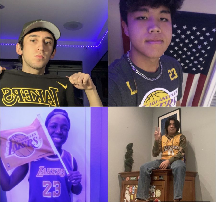 Arshia Sazi (‘22), Jaydyn Akpengbe (‘22), Mikey Chai (‘22), and Xander Kong (‘22) showcase their Lakers gear following the championship win. Mikey and Jaydyn wear the jersey of Lebron James, MVP of the 2020 NBA Championship series. 