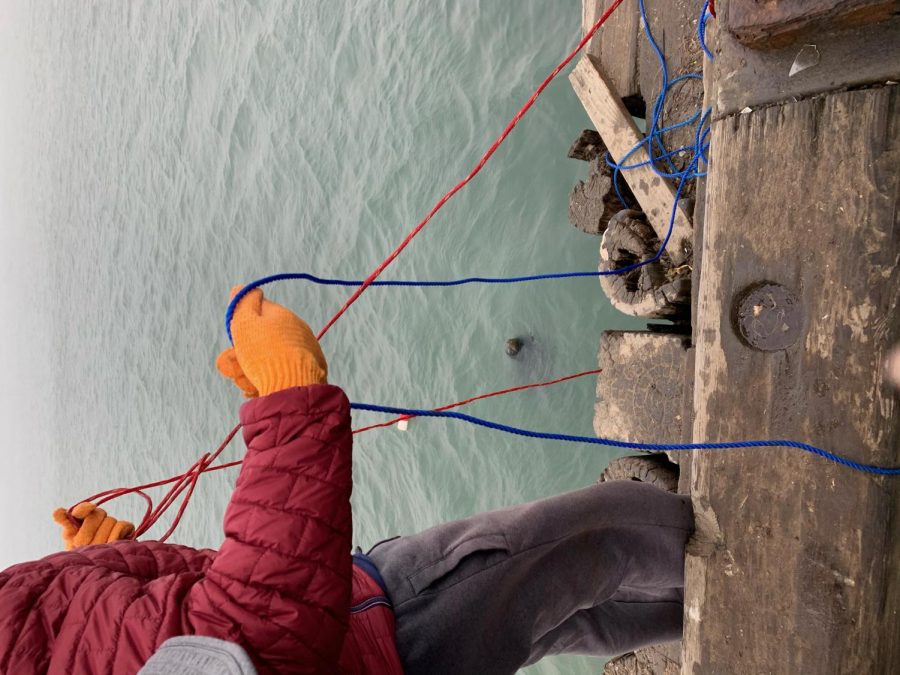 Maria Duan lowers her crab trap into the ocean in San Francisco bay.