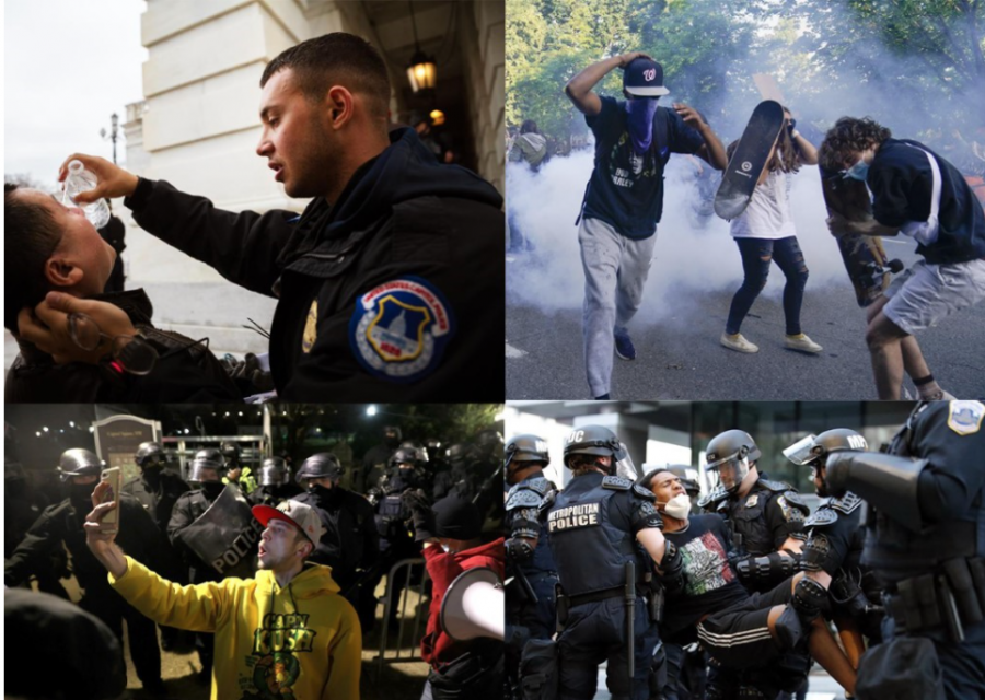 Caption: Photos from the scene show stark contrast between police response to Black Lives Matter protests (on the right) and Capitol Riots (on the left). 