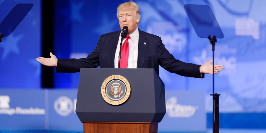 Caption: Trump giving a speech at the Conservative Political Action Conference (CPAC) along with many other Conservative Party activists. Graphic courtesy: Michael Vadon, Image Available under Creative Common License. 