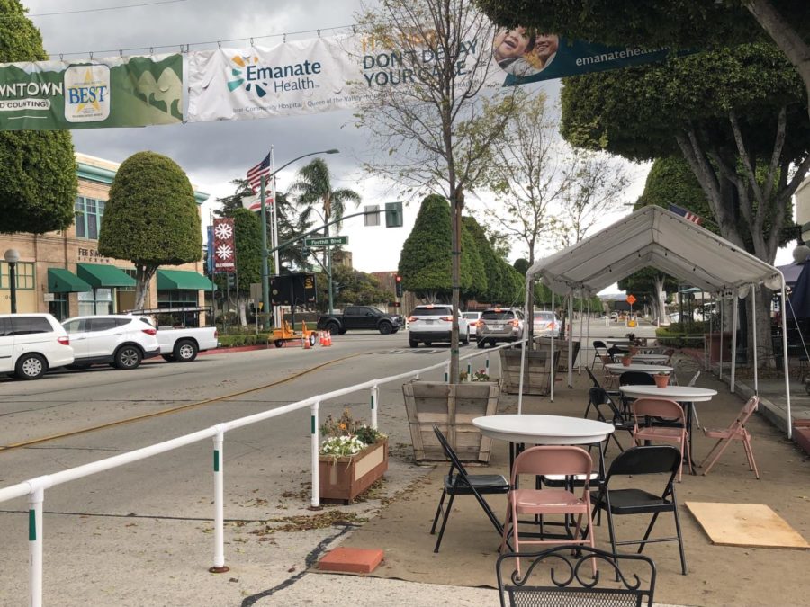 Outdoor dining in Downtown Glendora appears to be ghost town on March 11, 2021.