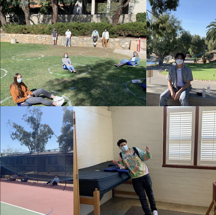 Webb students socialize in drawn spaced out circles. Mikey Chai (‘22) sits outside of dorms in his free time, Webb students distanced around the tennis courts, and Dillon Anabi (‘22) poses in upper Jameson dorm room.