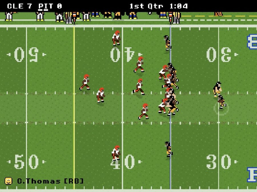 Fictional 5-star running back Cedrick Thomas receives a handoff at the 30-yard line against their rival Cleveland Browns. Webb Schools Retro Bowl players can take their team to the virtual field and compete in a match like this.