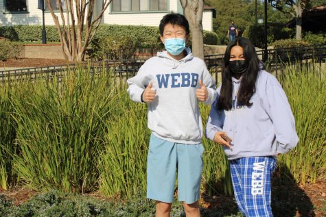 Gabby Diaz (‘23) and Nathan Liu (‘23) sport a Webb hoodie and Webb sweatpants for Webb Wednesday. The two juniors are only a few of the small majority of the student population who participate in Webb Wednesday. Though there has been less participation for Webb Wednesdays this year than others, students have expressed that they would be more than happy to enjoy the perks that come with wearing Webb clothing once the student store opens. “I wasn’t here when the student store was open, but I wish it was [open] because then I’d be able to buy Webb merch,” Stephanie Ma (‘25) said. 
Photo Credits: Noelani Chock (‘23) 