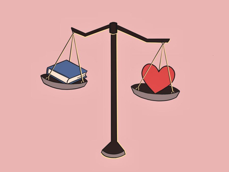 Sometimes it is hard to find a balance between academic rigor and social life, especially at a place like Webb. The scale in this image balances book and heart, symbolizing the delicate balance between academic and romantic life. 
Credit: Emily Li (24)