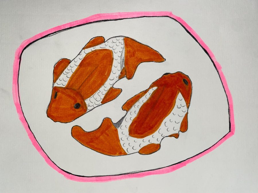 A drawing of Pui’s favorite New Year’s dish, the fish-shaped rice cake, a fun dessert that is also pleasing to the eye. Fish and “年糕” (nian gao), rice cake in Chinese, are both symbols for prosperity, so consuming this dish is extremely lucky for Chinese New Year. 