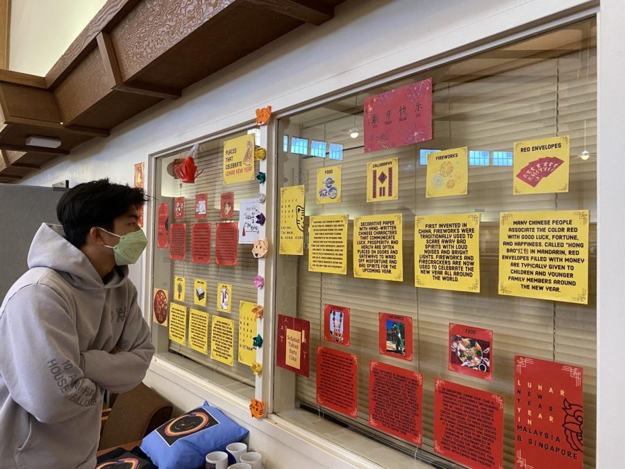 Kalman Dong (‘22) studies interesting cultural information posted in the library. He learns about Vietnamese Lunar New Year traditions and enjoys the festive red and yellow card colors. 