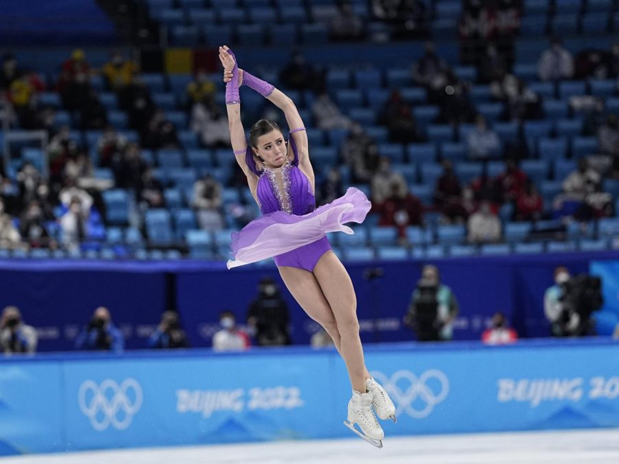 Russian figure skater Kamila Valieva is pictured performing a quadruple jump during the women’s short program at the 2022 Beijing Olympics. 