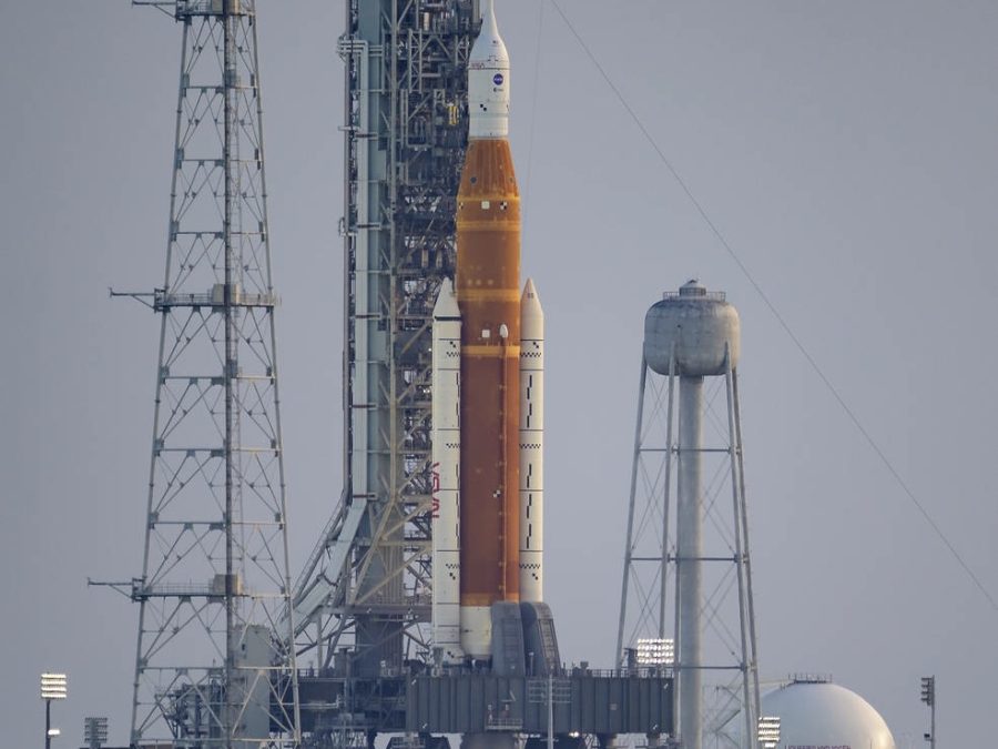 Artemis+1+remains+on+standby+on+Pad+39B+in+the+Kennedy+Space+Center.+Towering+at+98.1+meters+and+weighing+95+metric+tons.+%E2%80%9CThe+total+liftoff+thrust+is+8.1+million+pounds...It%E2%80%99s+a+little+more+than+what+the+Saturn+V+was+capable+of%E2%80%9D%2C+Andrew+Barrantes+%28%E2%80%9823%29+said.+Upon+takeoff%2C+the+Space+Launch+System+will+be+the+most+powerful+rocket+to+ever+be+launched+in+history.+But+to+achieve+that+feat%2C+it+first+must+take+off.+