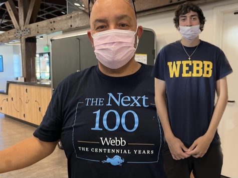 Scott McCloud (‘24) is proudly wearing the old Webb T- shirt with the WSC colors and block lettering. To Scott’s left, Daniel Reyes, equipment manager, stands in front of the spirit store wearing a new Webb shirt which has the schools new branding colors, Unbounded Blue and California Gold.  