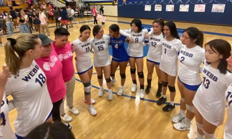 VWS varsity volleyball huddles up for a heartfelt discussion after their tough loss on senior night. Pictured here: From Right to left, Camile Casper (’22), Bella Choi (’24), Ella Chin (’25), Ella Garcia (’25), Jolina Zhao (’23), Noe Chock (’23), Oma Sukul (’23), Alyssa Xu (’24), Jasmine Wan (’23) 