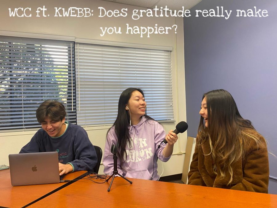 During a special collaboration between KWEBB and the Webb Canyon Chronicle, Stratton Rebish (’24), Shuci Zhang (’23), and Kaylynn Chang (’23) wrap up on a podcast exploring the impact of gratitude on happiness just in time for the holidays. Each carrying out our own gratitude experiments, we picked an action to capture the feelings of gratitude, bringing warmth to both us and the community. “It’s really nice to do a feel-good story this time,” said Shuci, president of the KWEBB club and Editor of Audiovisual. 