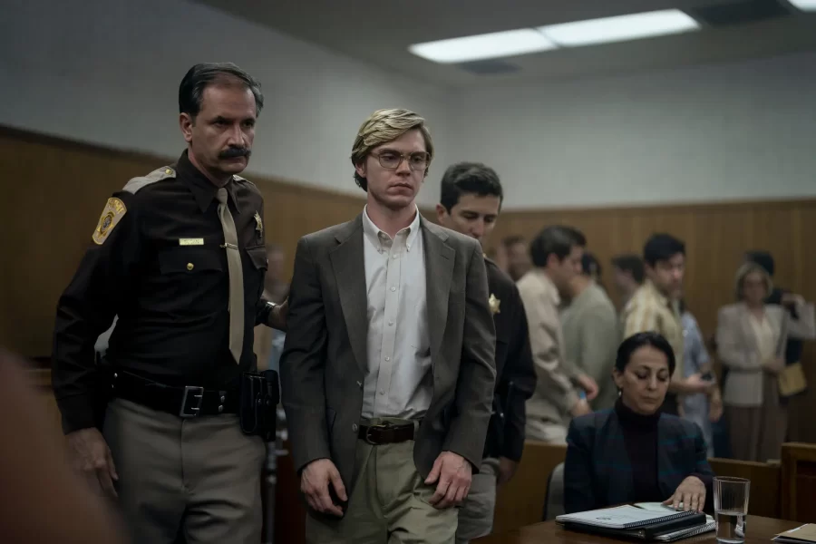 Evan Peters as Jeffrey Dahmer on Netflix’s Monster: The Jeffrey Dahmer Story. receiving his charges for his crimes in court.