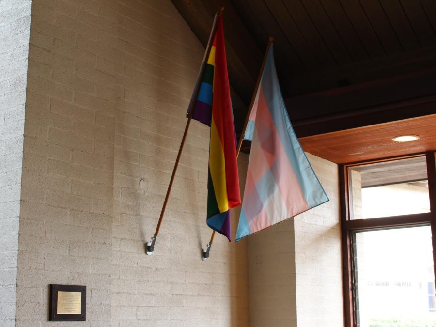  In the north end of the Price Dining Hall hangs a pride flag and transgender flag, as well as a plaque written by Siena Fay (‘17) denoting their meaning. 