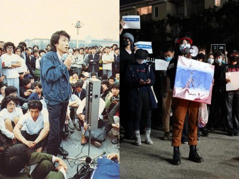 Strike spokesman details plans for a rally in Tiananmen Square to students and workers on May 28, 1989. Right: Artist speaks at vigil for victims of Urumqi fire at Chinese Consulate General in Los Angeles on November 27, 2022. The two movements, though three decades apart, shed light on Chinese people’s discontent with state capitalism and limited social freedoms grossly mischaracterized by Western media. 