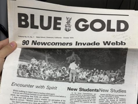  The archive room below Fawcett Library contains many print copies of Blue and Gold and older Webb Canyon Chronicle. This photo highlights a 1974 October issue of the Blue and Gold, where the freshman invaders take the headline. 