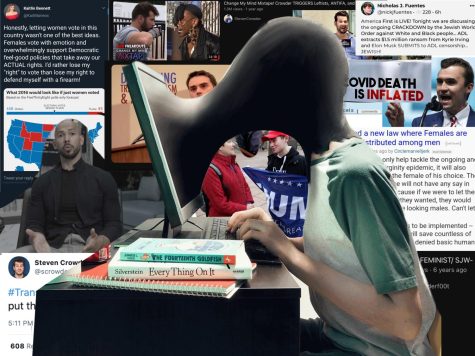 Accessing hateful content is easier than you think. The background of this graphic consists of a collection of hateful content by creators such as Kaitlin Bennett, Nick Fuentes, and Ben Shapiro. These posts are easily accessible through major platforms like YouTube, Reddit, TikTok, and Twitter. Ranging from antisemitism to COVID-19 denial, the radical right indoctrinates the platforms’ primary users – young people – into their hateful dogma. 