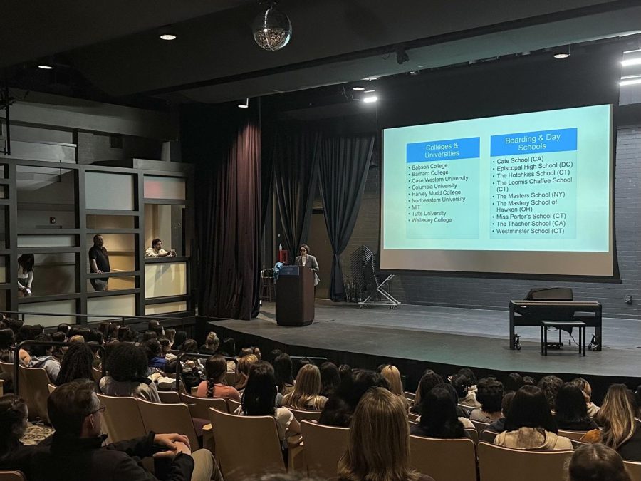 Dr. Smith presents a slideshow about her findings during her sabbatical as VWS sits quietly in their all-school meeting during February of 2023. To enforce communication between the student body and the administration, she wanted to be transparent about her plans and share what she had done with the entire school. 