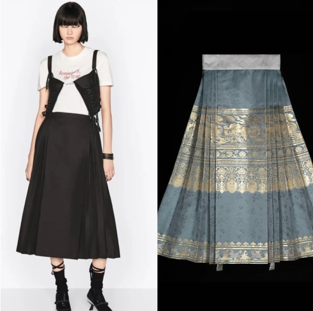 Dior’s skirt compared with the traditional Chinese MaMianQun with gold embroidery.