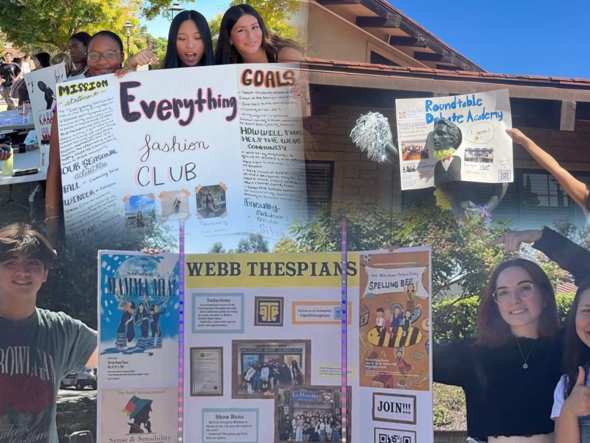 Multiple clubs show their poster during the 2023 club fair. The poster puts their club goals on display, hoping for students to sign up to be a part of their club. “Students at Webb are self-motivated and propelled, they come in with so many interests and passions. The club program is where we get to say: run free,” said Mr. Ken Rosenfeld, Dean of Campus Life. 