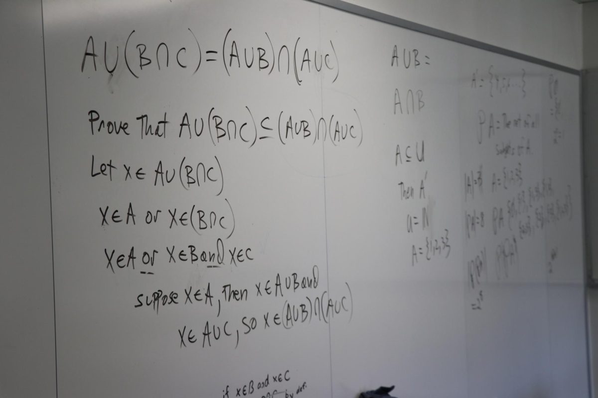 The+floor-to-ceiling+whiteboards+in+Chandler+325+are+filled+with+mathematical+sentences+in+Dr.+Cuda%E2%80%99s+handwriting.+Several+students+went+up+to+the+board+to+attempt+solving+the+problems+on+their+own%2C+working+with+each+other+to+rationalize+through+the+proofs.+%E2%80%9CSo+far%2C+I%E2%80%99ve+been+amazed+by+how+much+more+there+is+to+proving+than+I+imagined%2C%E2%80%9D+Yichen+Sun+%28%E2%80%9827%29+said.+The+more+complex+Dr.+Cuda%E2%80%99s+problems+became%2C+the+more+creative+the+students%E2%80%99+thought+processes+and+reasoning+were+for+solving+them.+