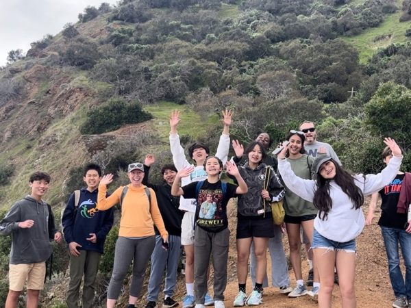 Steven Whishek, Director of Athletics, and Students on the Unbounded Discover Catalina course pose while taking a short break after a hiking through the Catalina Island mountains. 
