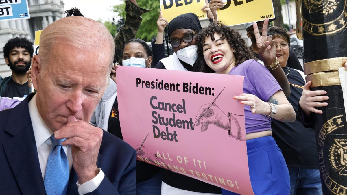 Student loan borrowers rally near the White House for Joe Biden to cancel all student loans. Biden, pictured left, is troubled with diminishing popularity with youth as he fails to forgive all students loans as he had promised. “[Biden] kind of fumbled things even though he tried with student loan forgiveness,” said Cory Warren, humanities department faculty. “That was [the] number one campaign promise to get the youth vote.” Whether it is student loans, age, or foreign policy, what, ultimately, drives away the youth vote for Biden?