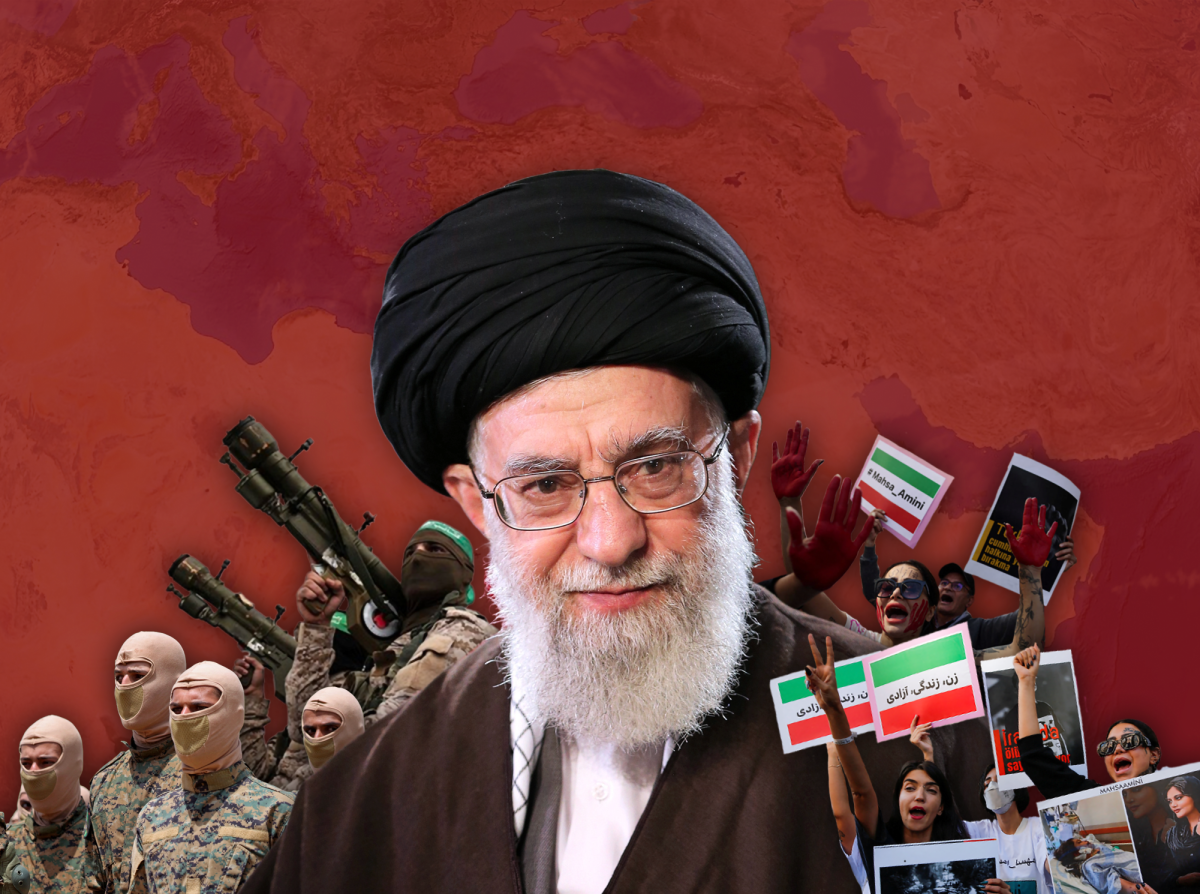 From+left+to+right%3A+Hezbollah+and+Hamas+fighters%3B+Ayatollah+Ali+Khamenei%2C+the+Supreme+leader+of+Iran%3B+the+Iranian+%E2%80%9CWoman.+Life.+Freedom%E2%80%9D+protesters.+Hezbollah+and+Hamas+are+two+of+the+many+proxy+forces+of+Iran+dedicated+to+resisting+Western+influence+in+the+Middle+East.+While+Khamenei+fortified+his+influence+in+the+region+through+proxy+forces%2C+a+protest+movement+surged+within+Iran%2C+revealing+deep+domestic+discontent+and+shaking+the+power+of+his+regime.