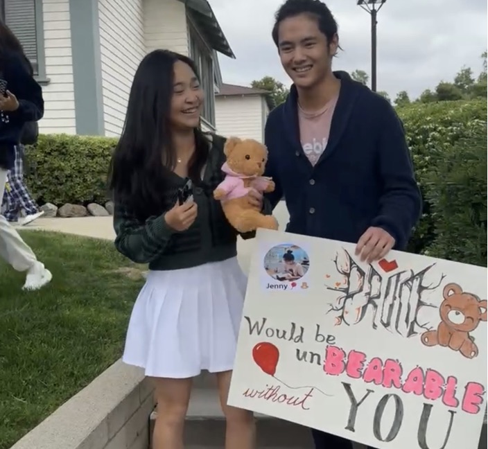 Hanbo Xu (‘25) thought it would be unbearable not to go to prom with Jenny Wang (‘24). At first glance, it is clear he was inspired by Jenny Wangs curated bear themed Instagram when creating his promposal. “I chose the design of the poster as reference to her username and Instagram profile; I thought it was cute,” Hanbo said.  He also bought her an adorable teddy bear and flowers to match the pun on the poster. 