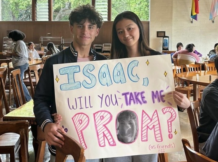 Freya Fu (‘26) goes to prom as a sophomore–Say what?! Isaac Nicolosi (‘25) already planned on taking her as his guest and she figured since she was his guest, it needed a proper request. “I thought it would be funny to surprise him with a poster,” Freya said. “It was an impulsive decision to make him the poster.” These two ended up having a great time (as friends) after Isaac said yes and took her to prom. 
